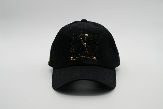 A black baseball cap with the Pisces zodiac sign embroidered and riveted in gold on the front.